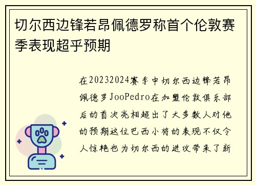 切尔西边锋若昂佩德罗称首个伦敦赛季表现超乎预期